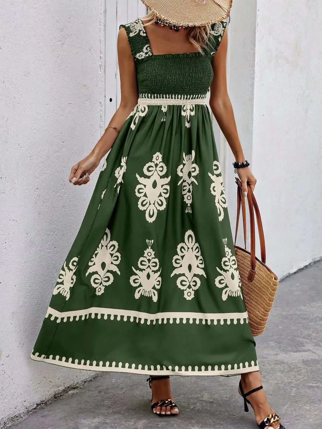 Smocked Printed Wide Strap Maxi Dress - kinko