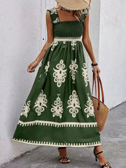 Smocked Printed Wide Strap Maxi Dress - kinko