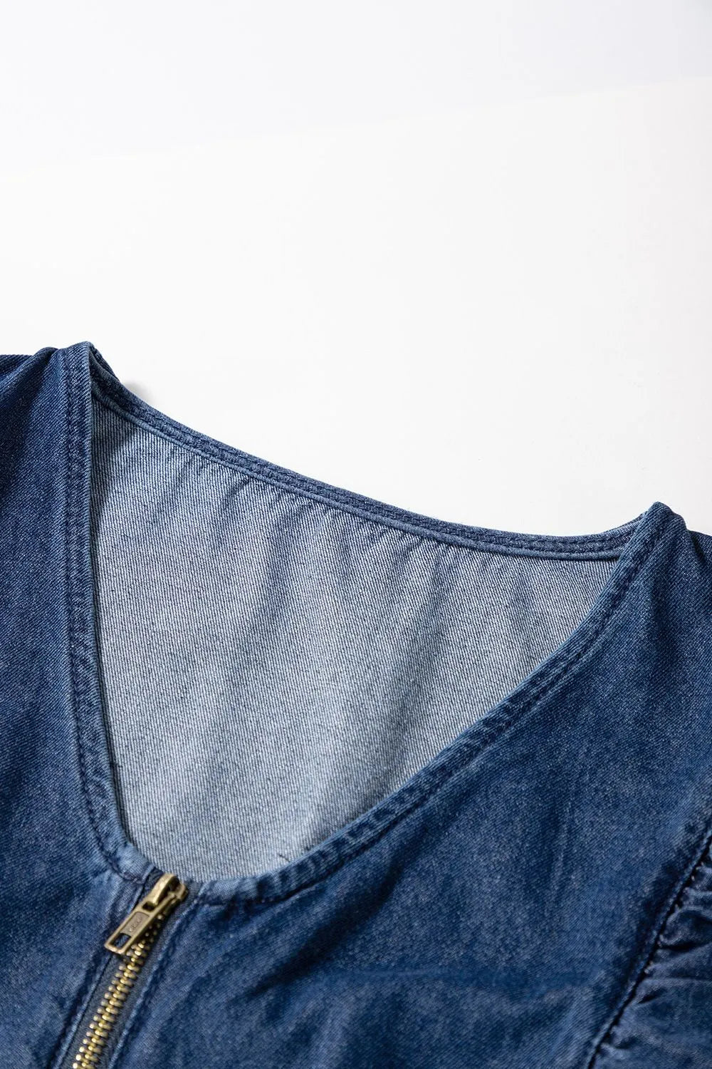 Denim Ruffled Zipped Front Belted Romper - kinko