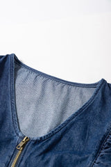 Denim Ruffled Zipped Front Belted Romper - kinko