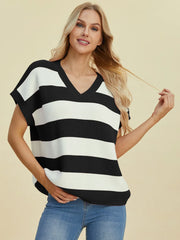 Double Take Full Size Striped V-Neck Short Sleeve Sweater - kinko