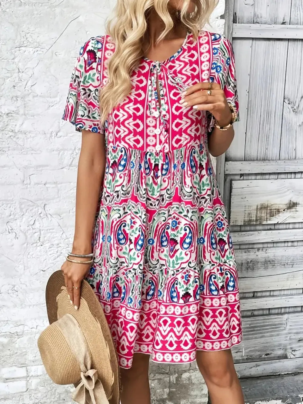Printed Tie Neck Short Sleeve Dress - kinko