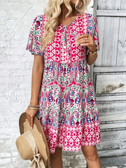 Printed Tie Neck Short Sleeve Dress - kinko