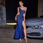 One-shoulder Elegant Rhinestone Split Party Evening Dress - kinko