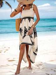 Smocked Printed Wide Strap Maxi Dress - kinko
