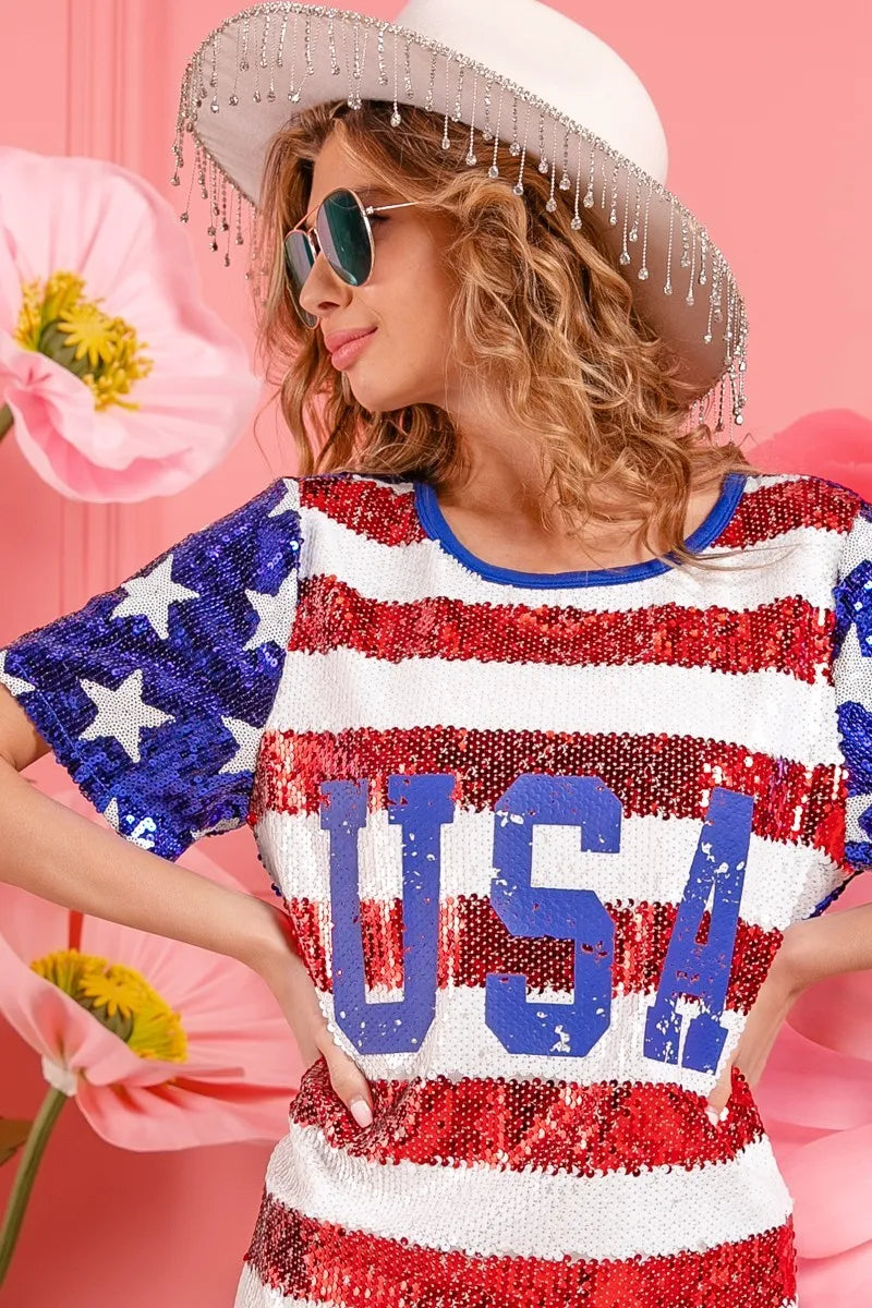 BiBi American Flag Theme Usa Print Sequin Dress - kinko