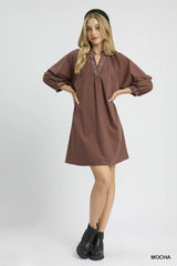 Umgee Notched Shift Dress with Trim Detail - kinko