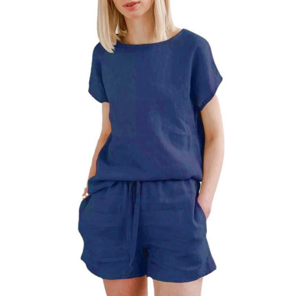 Short Sleeve Cotton Linen Retro Fashion Solid Color Top Shorts Suit - kinko
