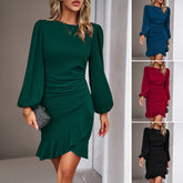 Women's Puff Long Sleeve Dresses Fashion Graceful Solid Color Slim Hip-covering Short Dress Womens Clothing - kinko