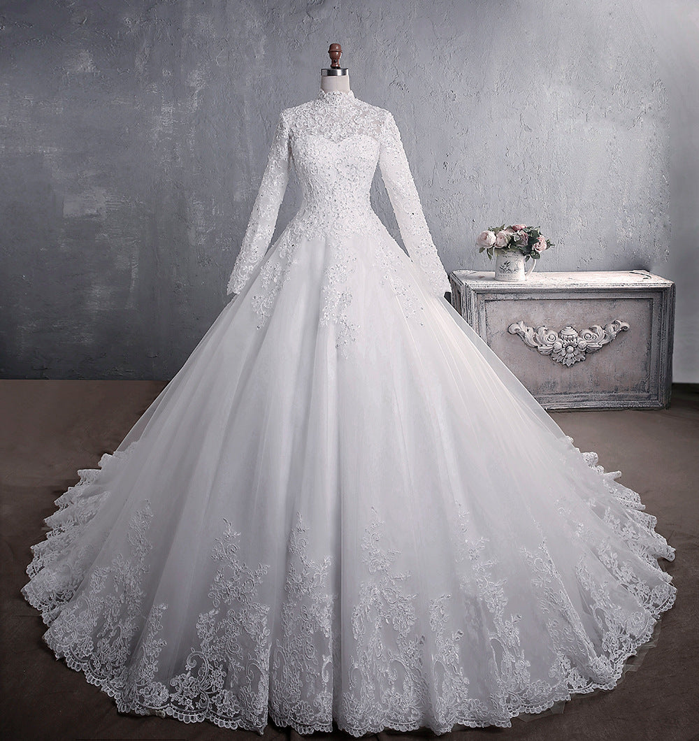 Lace Wedding Dress Bridal Stand-up Collar Long-sleeved Large Tail Large Size - kinko
