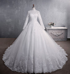 Lace Wedding Dress Bridal Stand-up Collar Long-sleeved Large Tail Large Size - kinko