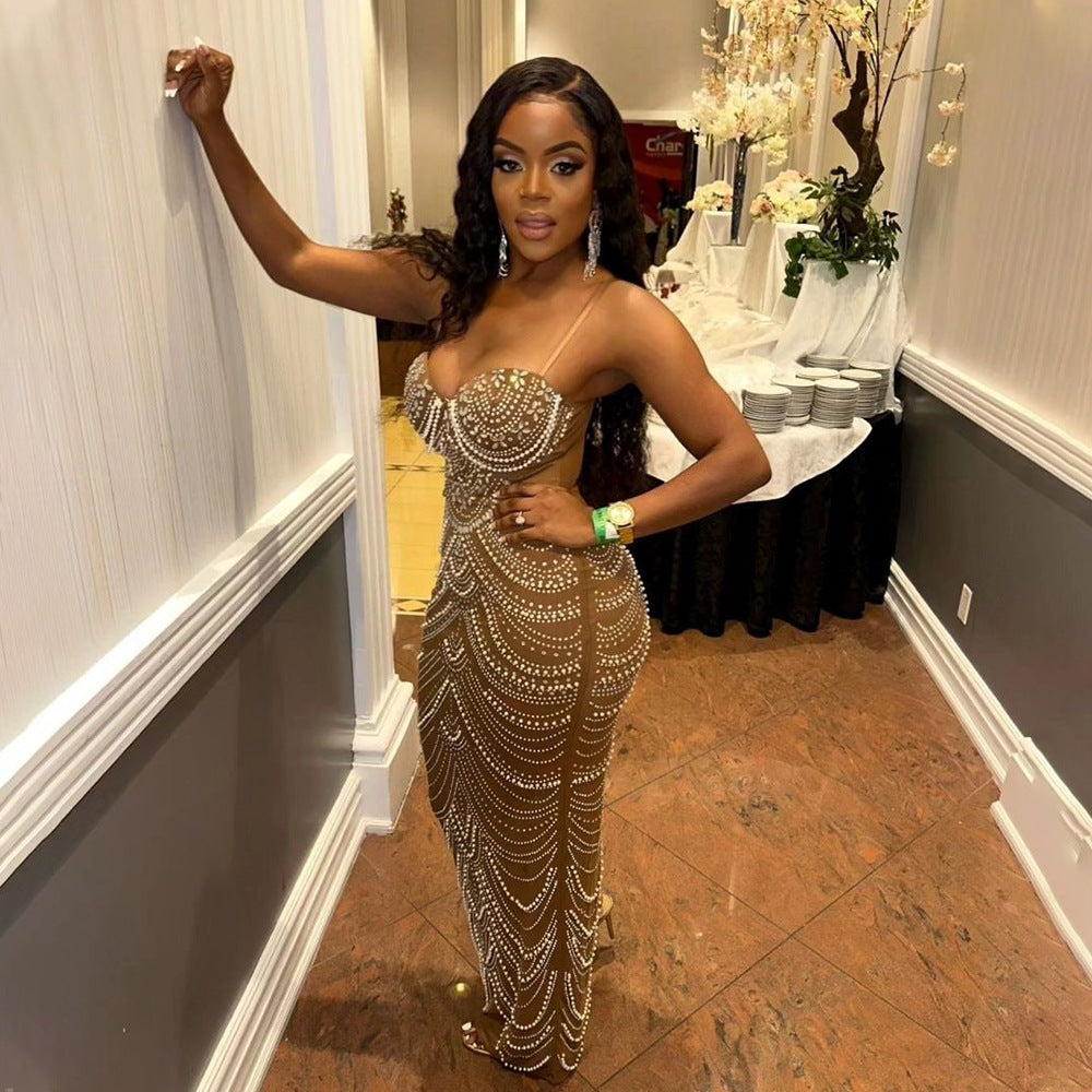 Sling Hot Drilling Foam Beads Evening Dress - kinko