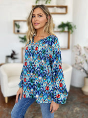 Double Take Full Size Printed Balloon Sleeve Blouse - kinko
