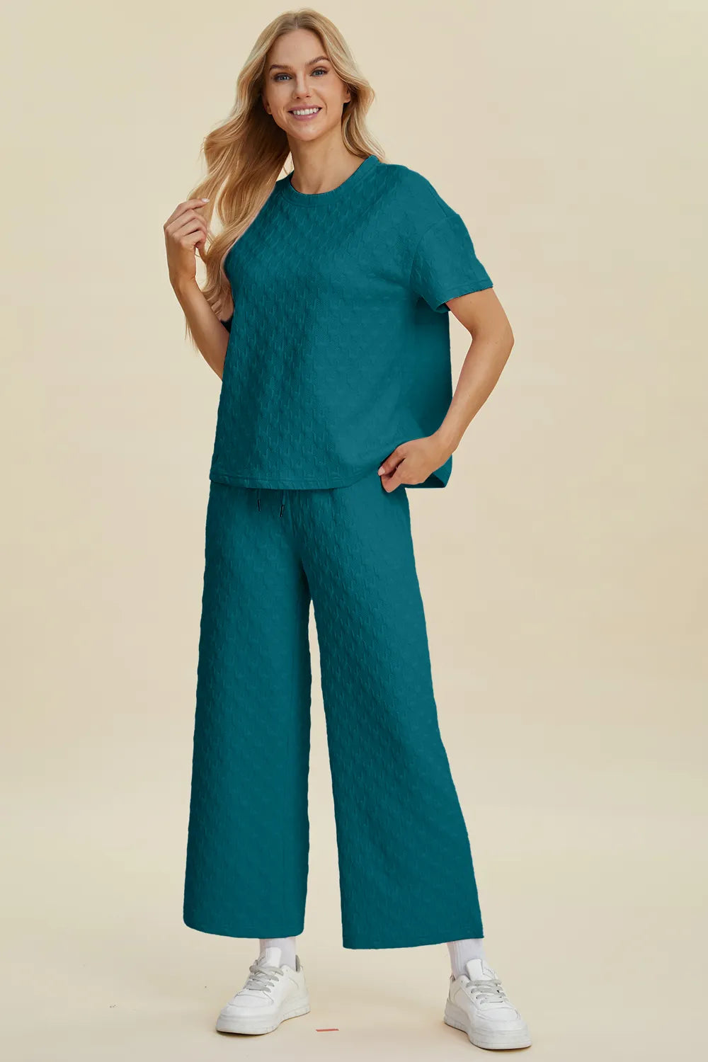 Double Take Full Size Texture Round Neck Short Sleeve Top and Pants Set - kinko