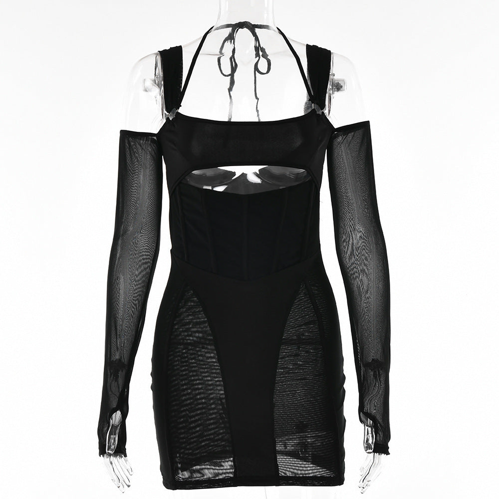 Women's Sling Tight Dress Fashion Backless Mesh See-through Hip Skirt - kinko