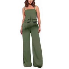Sling Pure Color Ruffles Top Straight-leg Pants Fashion Suit - kinko