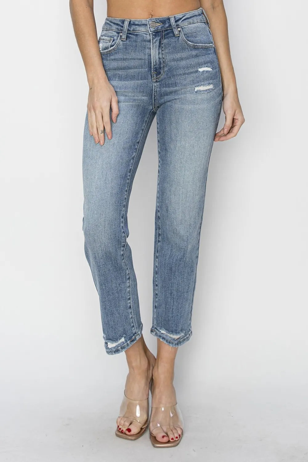 RISEN Full Size High Waist Distressed Cropped Jeans - kinko