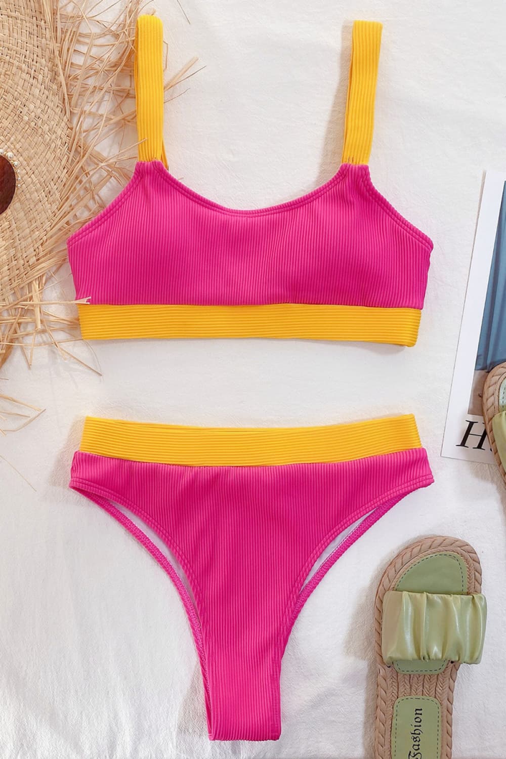 Color Block Scoop Neck Bikini Set - kinko