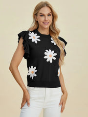 Double Take Full Size Ruffled Flower Round Neck Cap Sleeve Sweater - kinko