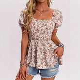 Square Collar Smocking Ruffle Sleeve Floral Vacation Top - kinko