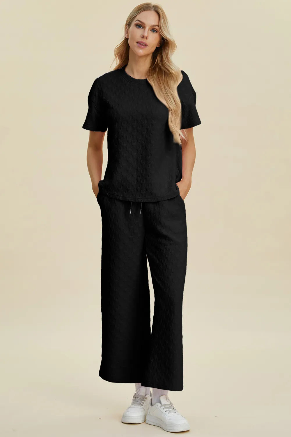 Double Take Full Size Texture Round Neck Short Sleeve Top and Pants Set - kinko