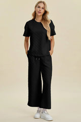 Double Take Full Size Texture Round Neck Short Sleeve Top and Pants Set - kinko