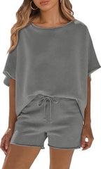 Fisoew Womens Summer 2 Piece Outfits Oversized Casual Short Sleeve Tops And High Waisted Shorts Workout Lounge Short Sets - kinko