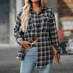 Casual Fashion Loose Plaid Pocket Shirt For Women - kinko
