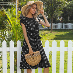 Summer Women Polka Dot Short Sleeve Dress Casual Bandage Party Pleated Midi Dresses Elegant Green Office Lady Clothing - kinko
