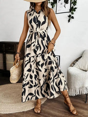 Printed Tie Waist Sleeveless Maxi Dress - kinko