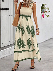 Smocked Printed Wide Strap Maxi Dress - kinko