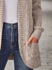 Ribbed Knit Open Front Cardigan with Pockets - kinko