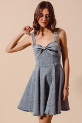 SO ME Mineral Washed Bow Ribbon Denim Flare Dress - kinko