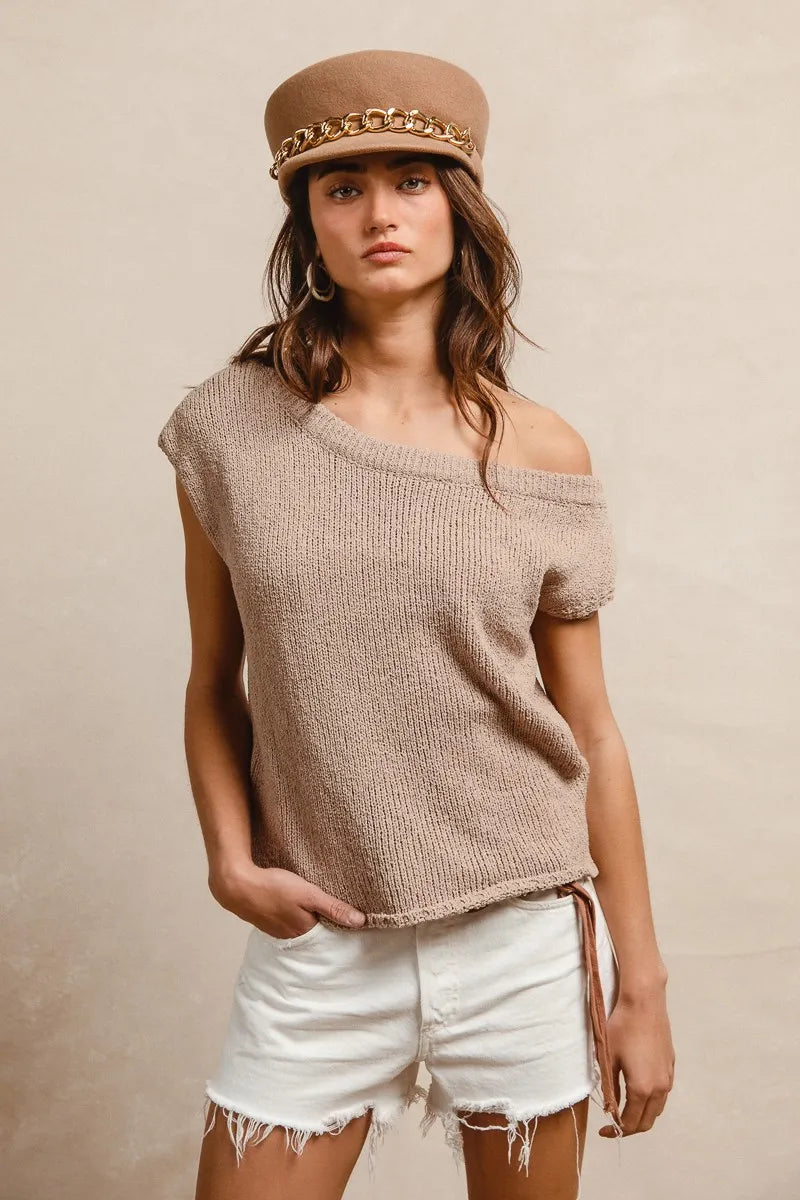 BiBi One Side Off Shoulder Knit Top - kinko