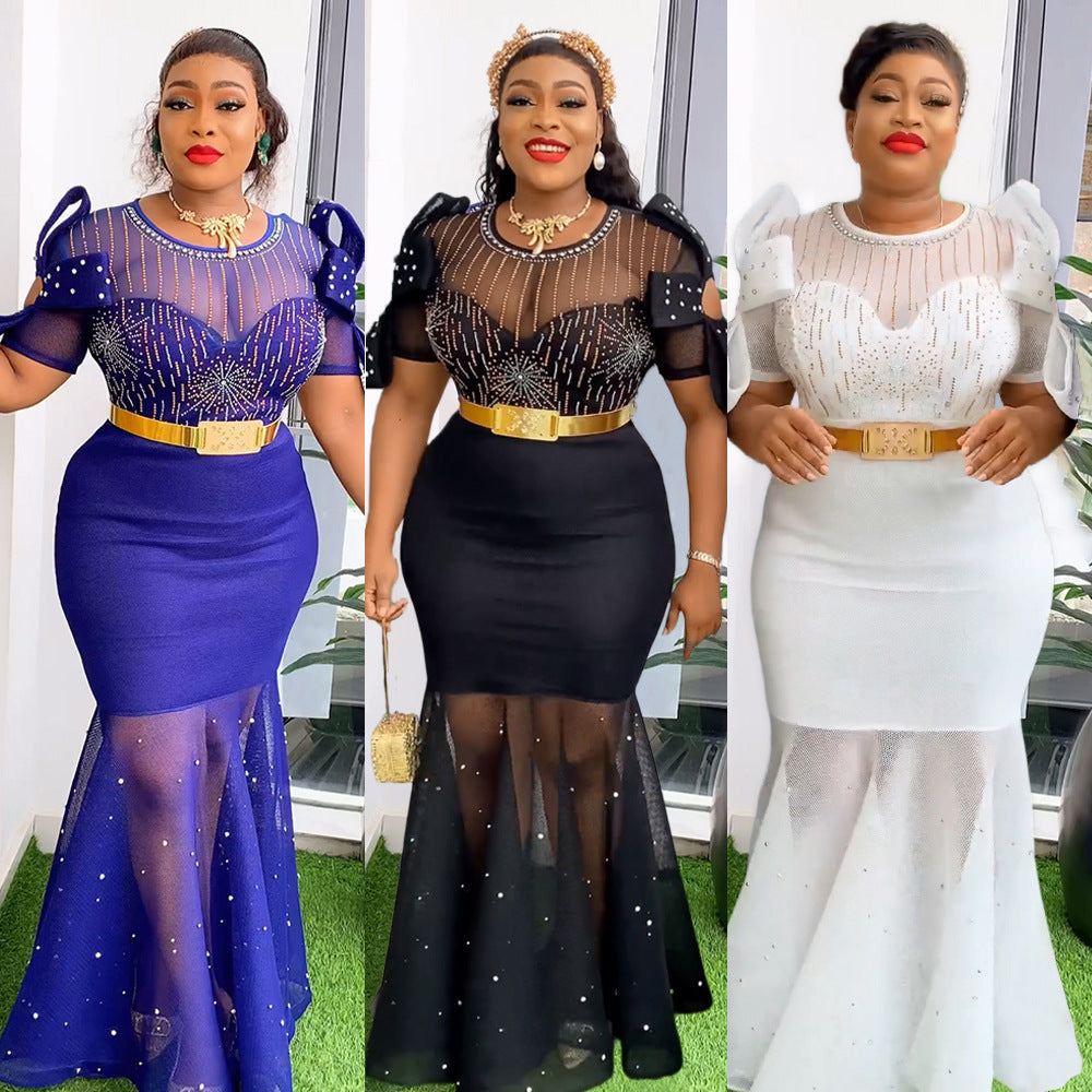 Women's Heavy Embroidered Hot Diamond Beads Night Banquet Light Luxury Evening Dress Fishtail Skirt - kinko