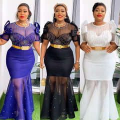 Women's Heavy Embroidered Hot Diamond Beads Night Banquet Light Luxury Evening Dress Fishtail Skirt - kinko