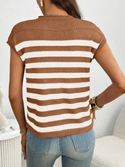 Striped Mock Neck Cap Sleeve Knit Top - kinko