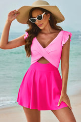 Cutout V-Neck Cap Sleeve One-Piece Swimwear - kinko