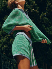 Collared Neck Contrast Striped Top and Shorts Sweater Set - kinko