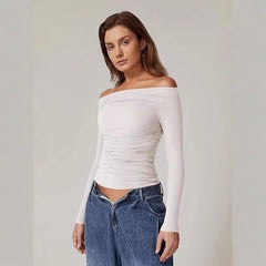 European And American Women's Clothing Top Off-shoulder Long Sleeve T-shirt - kinko