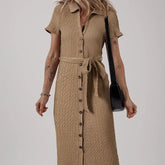 Buckskin Short Sleeve Textured Button Up Tie Waist Long Dress - kinko