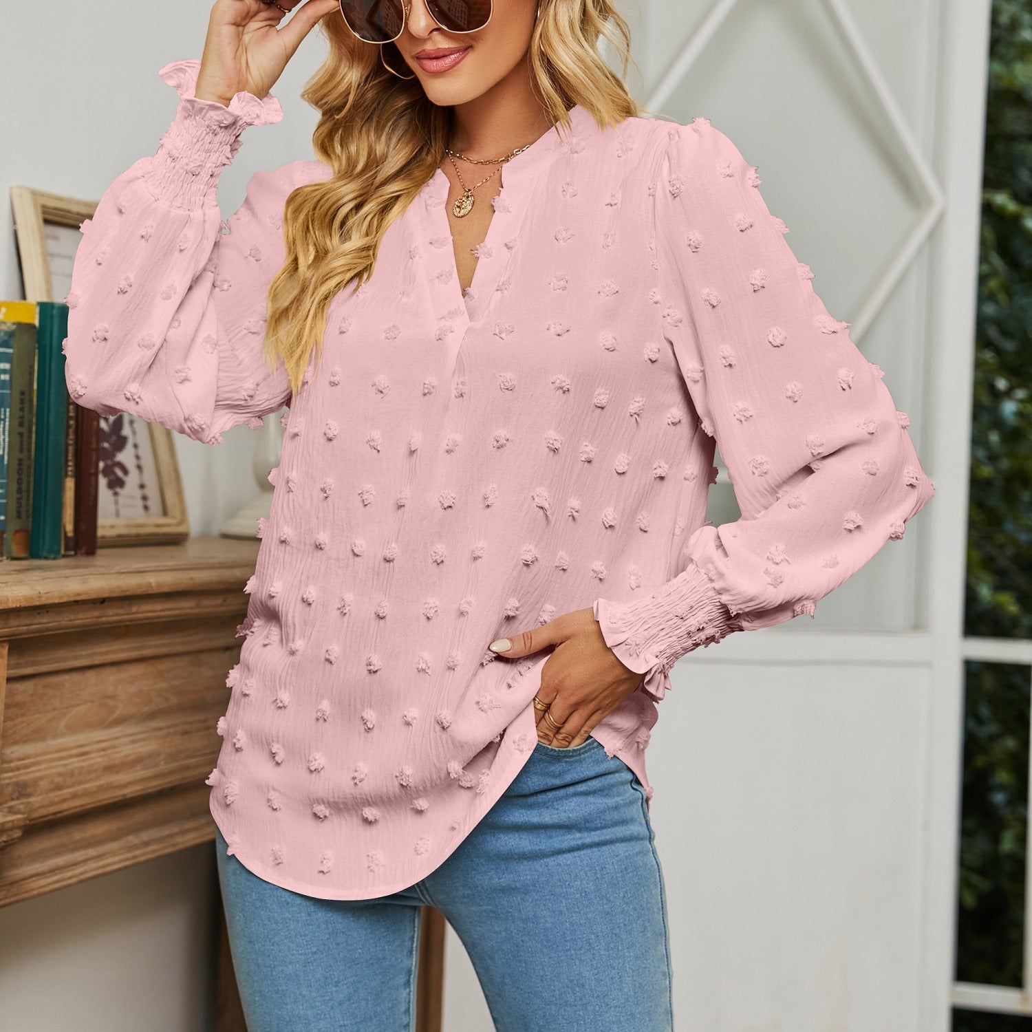 Dot Long-sleeved Bubble Sleeve V-neck Shirt Top - kinko
