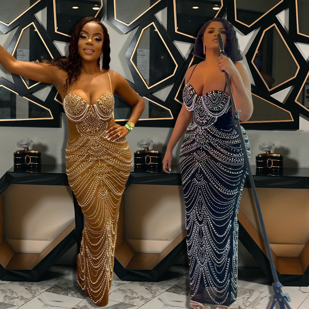 Sling Hot Drilling Foam Beads Evening Dress - kinko