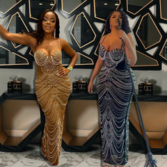 Sling Hot Drilling Foam Beads Evening Dress - kinko