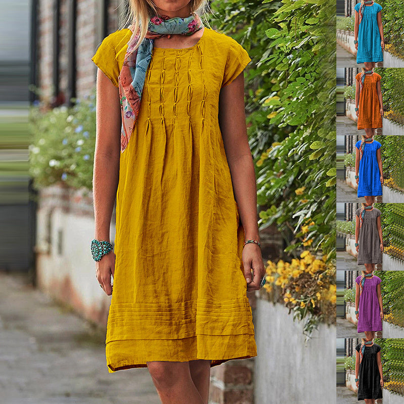 Fashion U-neck Short Sleeve Dress Summer Solid Straight Dresses Womens Clothing - kinko