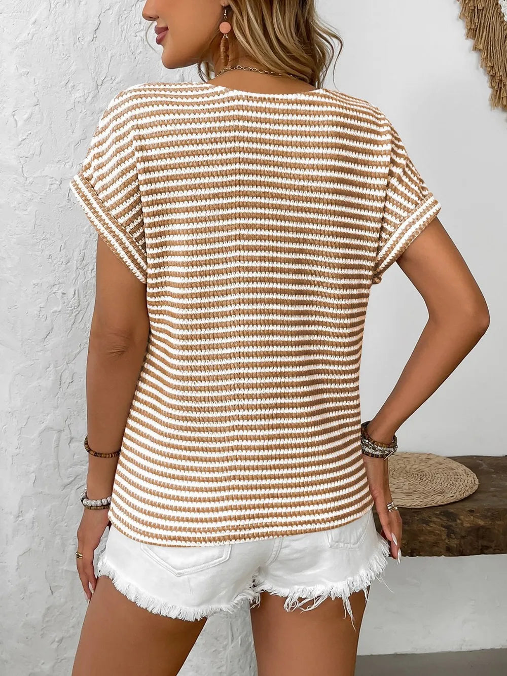 Striped V-Neck Short Sleeve T-Shirt - kinko