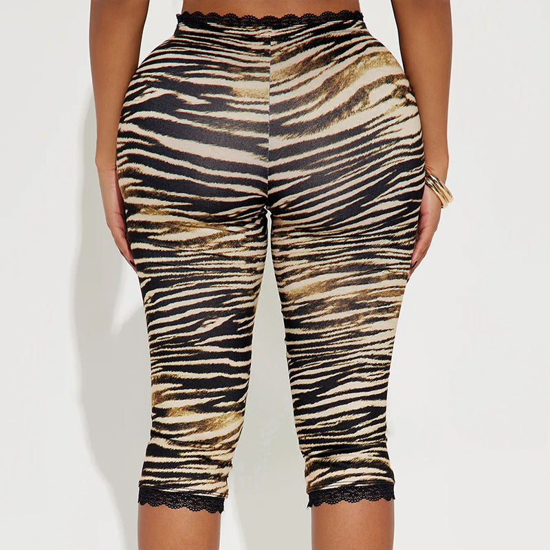 Sexy Lace Leopard Print Cropped Tight Straight-leg Pants - kinko