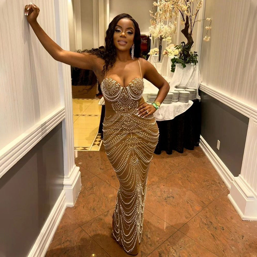 Sling Hot Drilling Foam Beads Evening Dress - kinko