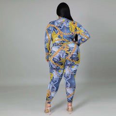 Plus Size Women's Autumn New Fashion V-neck Printed Shirt Trousers Suit - kinko