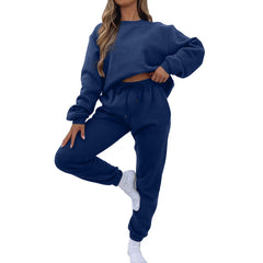 Crew Neck Pullover Sweatshirt Fleece-lined Fashion Casual Sweater Sweatpants Two-piece Set - kinko